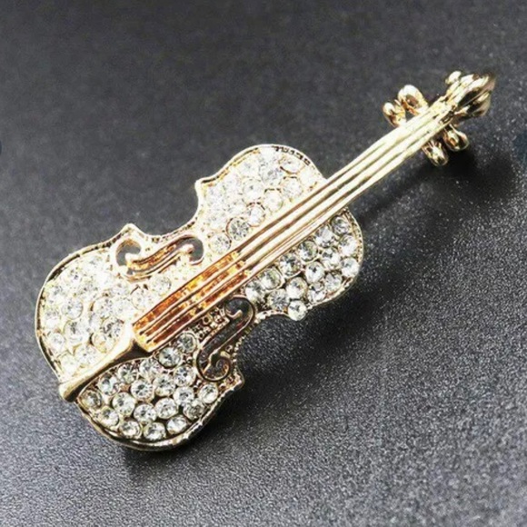 Lovely, Sparkling, Rose Gold Plated Alloy & Crystal Violin Brooch - Picture 1 of 5